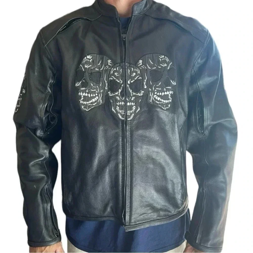 Leather Motorcycle/Racing Jacket with Reflective‎ Skull Designs